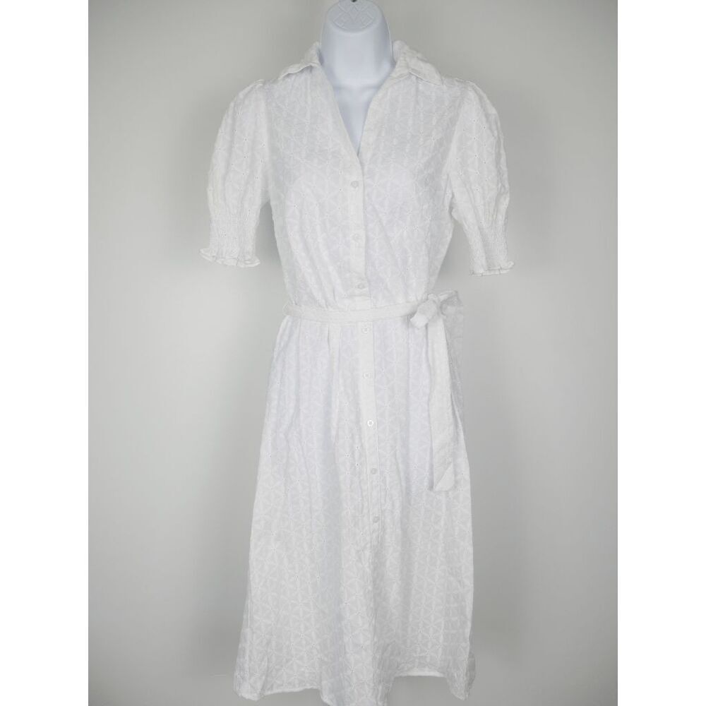 Tommy Hilfiger Women's White Puffed Sleeve Eyelet Midi Dress XS - Picture 2 of 14
